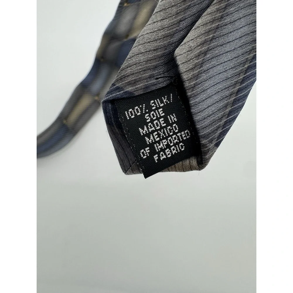 Bill Blass Black Label Silk Tie Gray Blue Geometric Check Pattern USA‎ Made